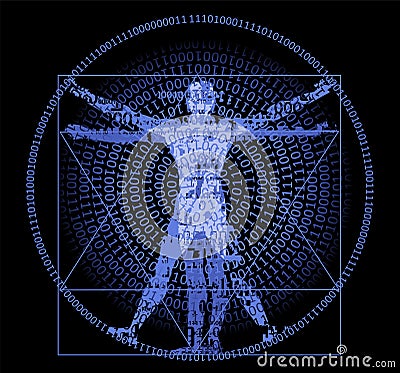 Vitruvian man with binary code, modern variation on the famous symbol. warning. Editorial Stock Photo