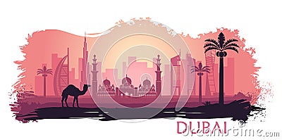 Stylized kyline of Dubai with camel and date palm with spots and splashes of paint. United Arab Emirates Vector Illustration