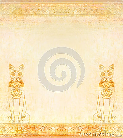 Stylized Egyptian cat , decorative grunge hieroglyphs background Cartoon Illustration