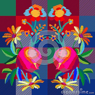 Stylized embroidered composition on checkered background inspired by vintage. Vector Illustration