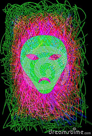 Stylized face on a background of green and purple lines. Fear of artificial intelligence. Stock Photo