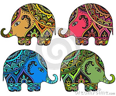 Stylized fantasy patterned elephants in Indian style. Cartoon Illustration