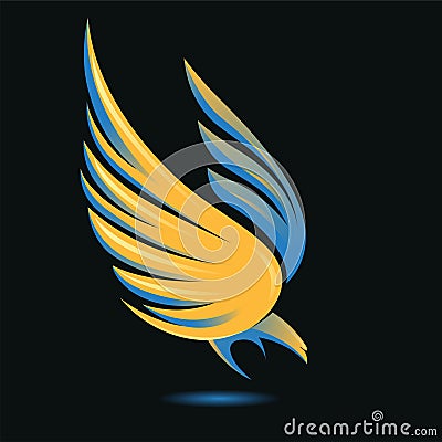 Stylized flying down bird silhouette in golden, blue, yellow and black colors. Attacking hunting Eagle image. Shining Phoenix Vector Illustration
