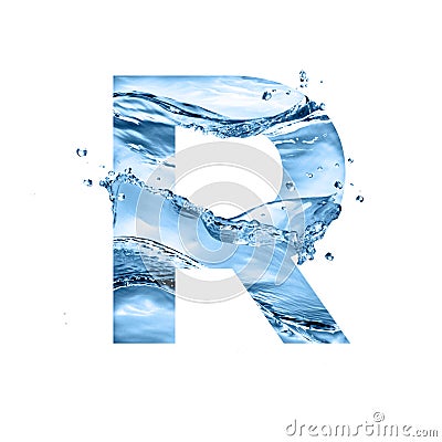 Stylized font, text made of water splashes, capital letter r, isolated on white background Stock Photo