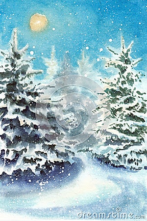 Stylized forest landscape with sun and snowflakes in winter scene. Hand drawn watercolors on paper textures Stock Photo