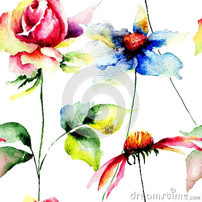 Stylized Gerber and Roses flowers illustration Cartoon Illustration
