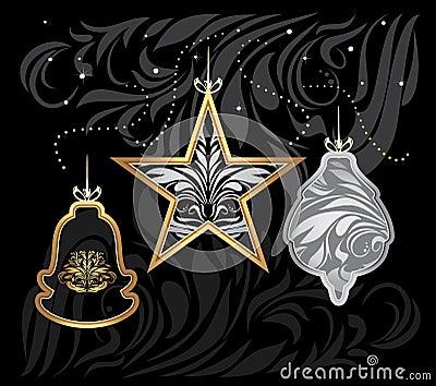 Stylized golden and silver Christmas toys on decorative black background Vector Illustration