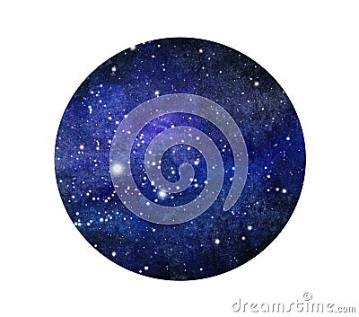 Stylized grunge galaxy or night sky with stars. Watercolor space background. Cosmos illustration in circle. Cartoon Illustration