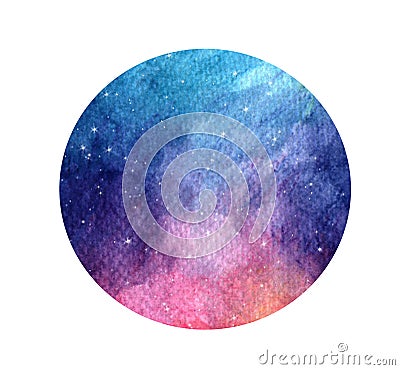 Stylized grunge galaxy or night sky with stars. Watercolor space background. Cosmos illustration in circle. Cartoon Illustration