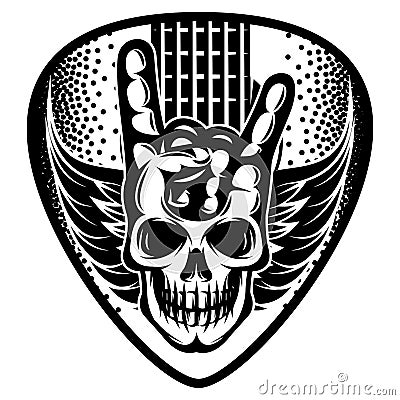 Stylized guitar plectrum. White background with guitar, skull, wings and hand gesture. Vector monochrome illustration Vector Illustration