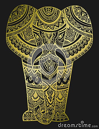 Stylized head of an elephant. Ornamental portrait of an elephant. Gold pattern on a black background. Indian. Mandala Vector Illustration