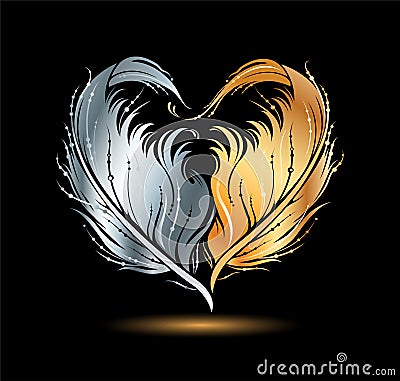 Stylized heart shape made by golden and silver bird feather silhouette Vector Illustration