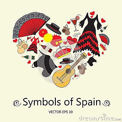 Stylized heart with symbols of Spain. Illustration for use in design Vector Illustration