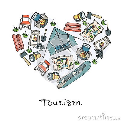 Stylized heart with symbols of tourism, camping Stock Photo