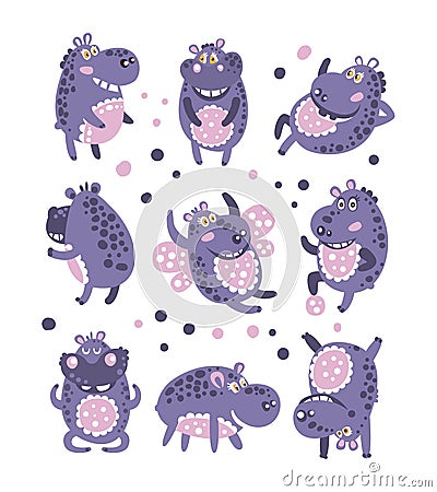 Stylized Hippo With Polka-Dotted Pattern Collection Of Childish Stickers Or Prints Of Friendly Toy Animal In Violet Vector Illustration