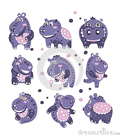 Stylized Hippo With Polka-Dotted Pattern Set Of Childish Stickers Or Prints Of Friendly Toy Animal In Violet And Blue Vector Illustration