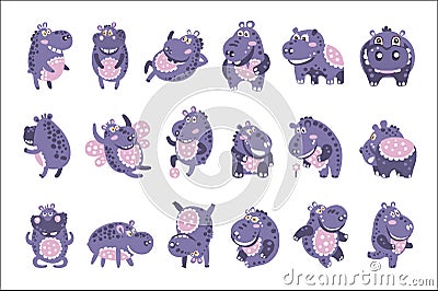 Stylized Hippo With Polka-Dotted Pattern Set Of Childish Stickers Or Prints Of Friendly Toy Animal In Violet And Blue Vector Illustration