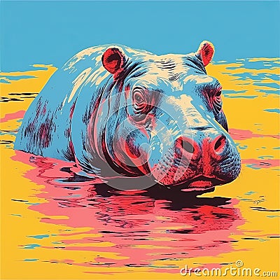 Colorful Pop Art Hippopotamus: Hyper-realistic Animal Illustration Stock Photo