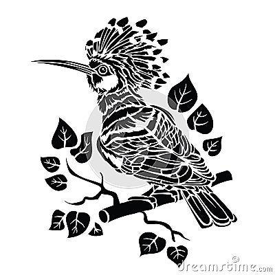 Stylized hoopoe in black sits with its back on a branch to us in profile, isolated object on a white background, vector Vector Illustration