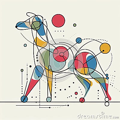 Stylized horse , continuous line art, basic geometric form, exaggerated feature, primary color splash Stock Photo