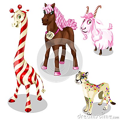 Stylized horse, cougar, goat, giraffe under sweets Vector Illustration