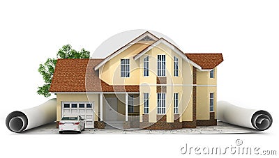 A stylized house model with floor plan, ruler and pencil, Stock Photo