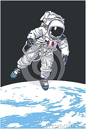 Illustration of astronaut floating in space with planet Earth in the background Cartoon Illustration