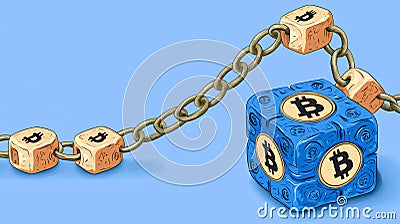 Bitcoin Blockchain Security Crypto Currency Cube Secured by Chain AI generated. Cartoon Illustration