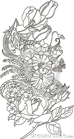 Stylized illustration of doodle feather with roses, tulips and butterfly Vector Illustration