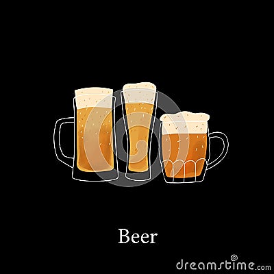 Stylized illustration mugs of beer on black background Vector Illustration