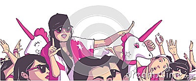 Illustration of young people party festival concert with unicorn mascot Cartoon Illustration
