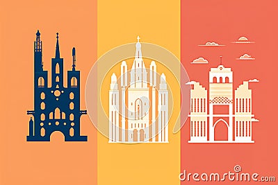 Stylized illustration of three famous european buildings Cartoon Illustration