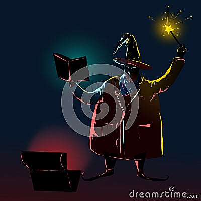 Stylized image of a fat black wizard conjuring with a magic stick while opening a magic book Vector Illustration