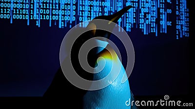 Penguin silhouette against a backdrop of blue binary code, creating a striking image of technology and nature Stock Photo