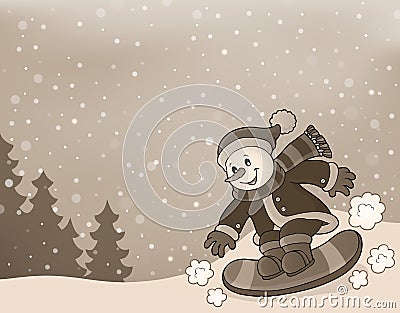 Stylized image with snowman on snowboard Vector Illustration