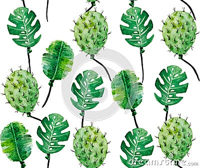 Watercolor pattern of monstera leaves and cacti Stock Photo