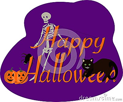 Stylized inscription Hello Halloween with a cat skeleton and pumpkins Vector Illustration