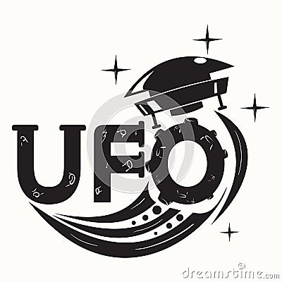 Stylized inscription UFO with a flying saucer through the letter drawn as a planet black and white image on an isolated background Vector Illustration