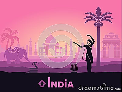 Stylized landscape of India with the Taj Mahal, an elephant and a dancer. Vector background Vector Illustration