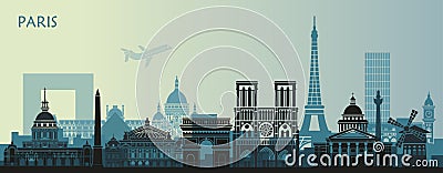 Stylized landscape of Paris with Eiffel tower, arc de Triomphe and Notre Dame Cathedral and other attractions Vector Illustration
