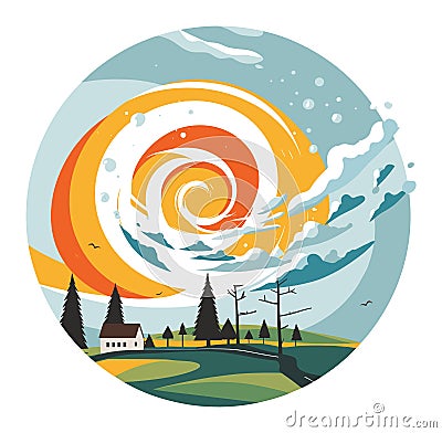 Stylized landscape with sun, clouds, and house with pine trees. Abstract nature scene with warm and cool colors. Surreal Vector Illustration