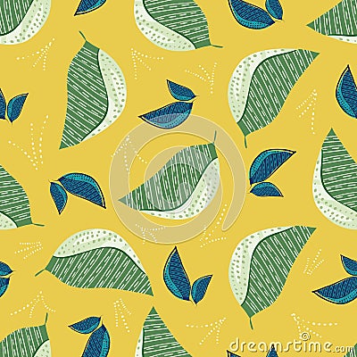 Stylized leaves seamless vector pattern background. Scattered folk art foliage yellow green backdrop. Fall colors. Hand Vector Illustration