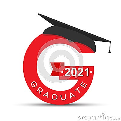 Stylized letter G with the inscription Graduate 2021 and the graduate cap. Simple stock design Vector Illustration