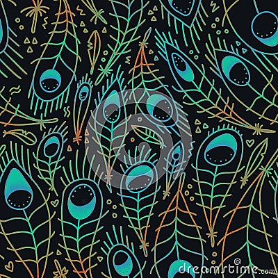 Stylized linear peacock feathers background. seamless pattern in bright colors. Flat Illustration for paper, fabric and textille Stock Photo