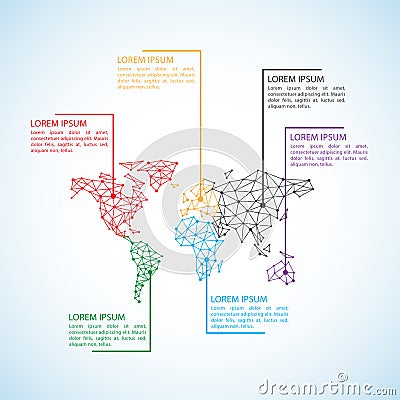 Stylized low poly World Map concept with wired construction of connection concept. Globes business infographics background. Vector Vector Illustration