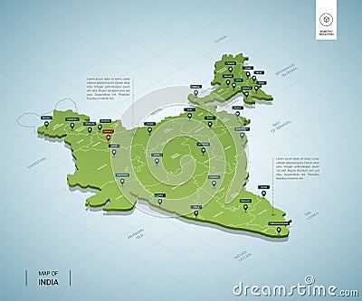 Stylized map of India. Isometric 3D Vector Illustration