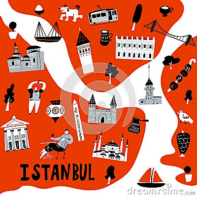 Stylized map of Istanbul. Vector illustration of istanbul attractions and symbols. Vector Illustration