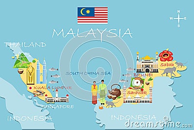 Stylized map of Malaysia. Travel illustration with malaysian lan Vector Illustration