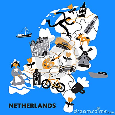 Stylized map of Netherlands with different Netherlands symbols. Vector Illustration