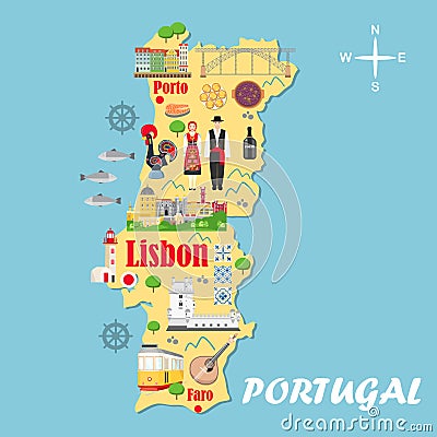 Stylized map of Portugal. Travel illustration with Portuguese landmarks Vector Illustration